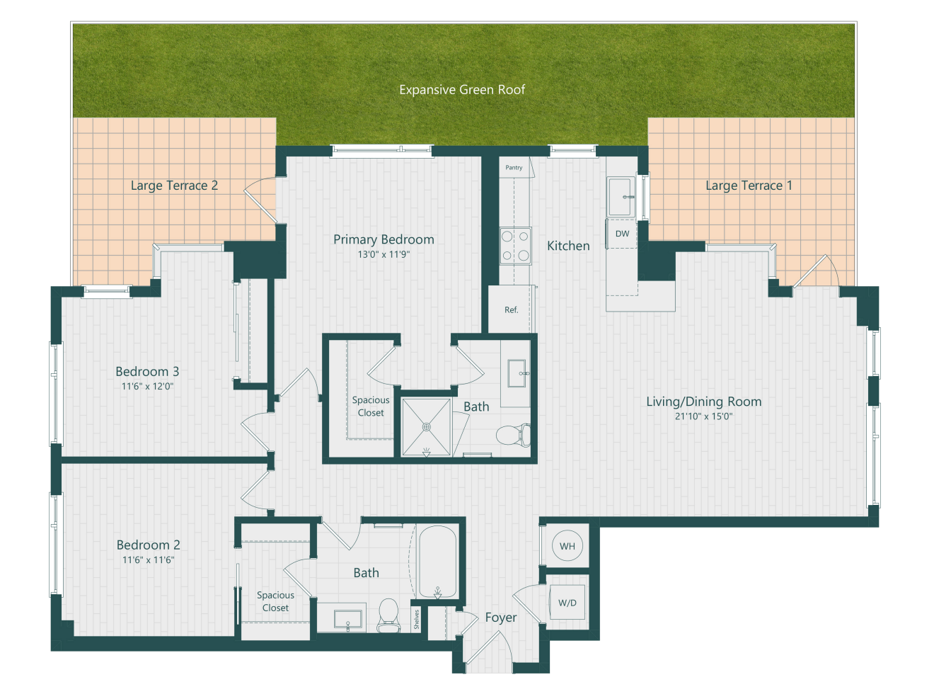 Floor plan for 3 beds, 2 baths, 1439 sqft